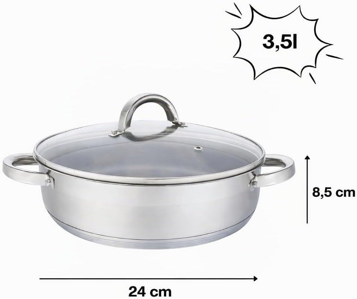 Flach Topf mit Deckel in vielen Grössen Kochtopf Töpfe Induktion Edelstahl (3,5L/∅24cm), 3,5L/&amp;