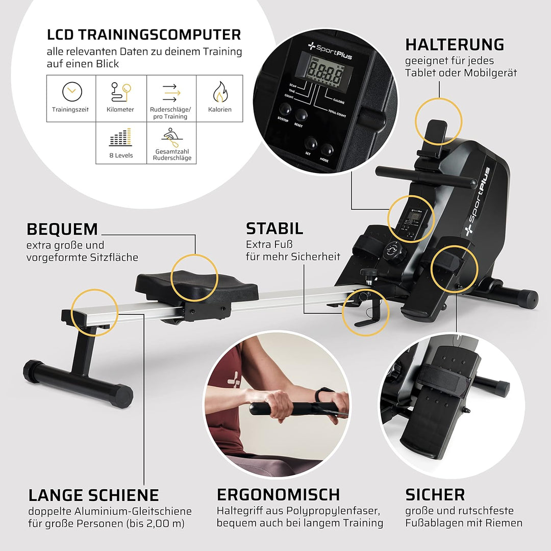 SportPlus| 2022 Modell | Rudergerät für zuhause mit Handyhalterung, klappbar & mit Transportrollen,
