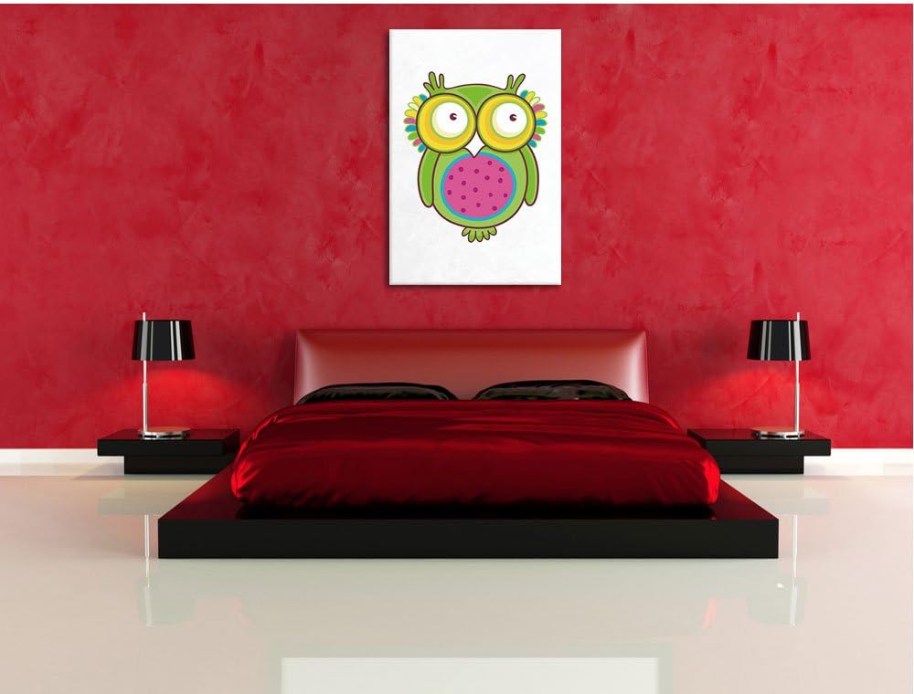 Pixxprint Lustige grüne Eule sitzend weiss, Format: 70x100 auf hochkantiges Leinwandbild, XXL riesig