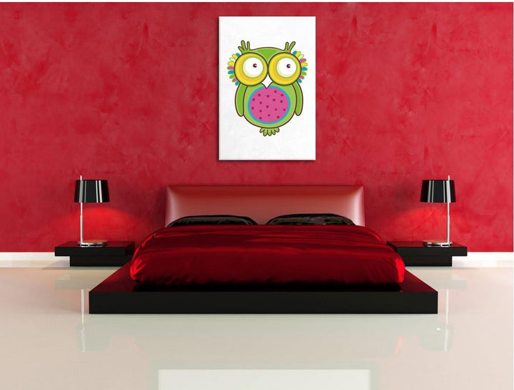 Pixxprint Lustige grüne Eule sitzend weiss, Format: 70x100 auf hochkantiges Leinwandbild, XXL riesig