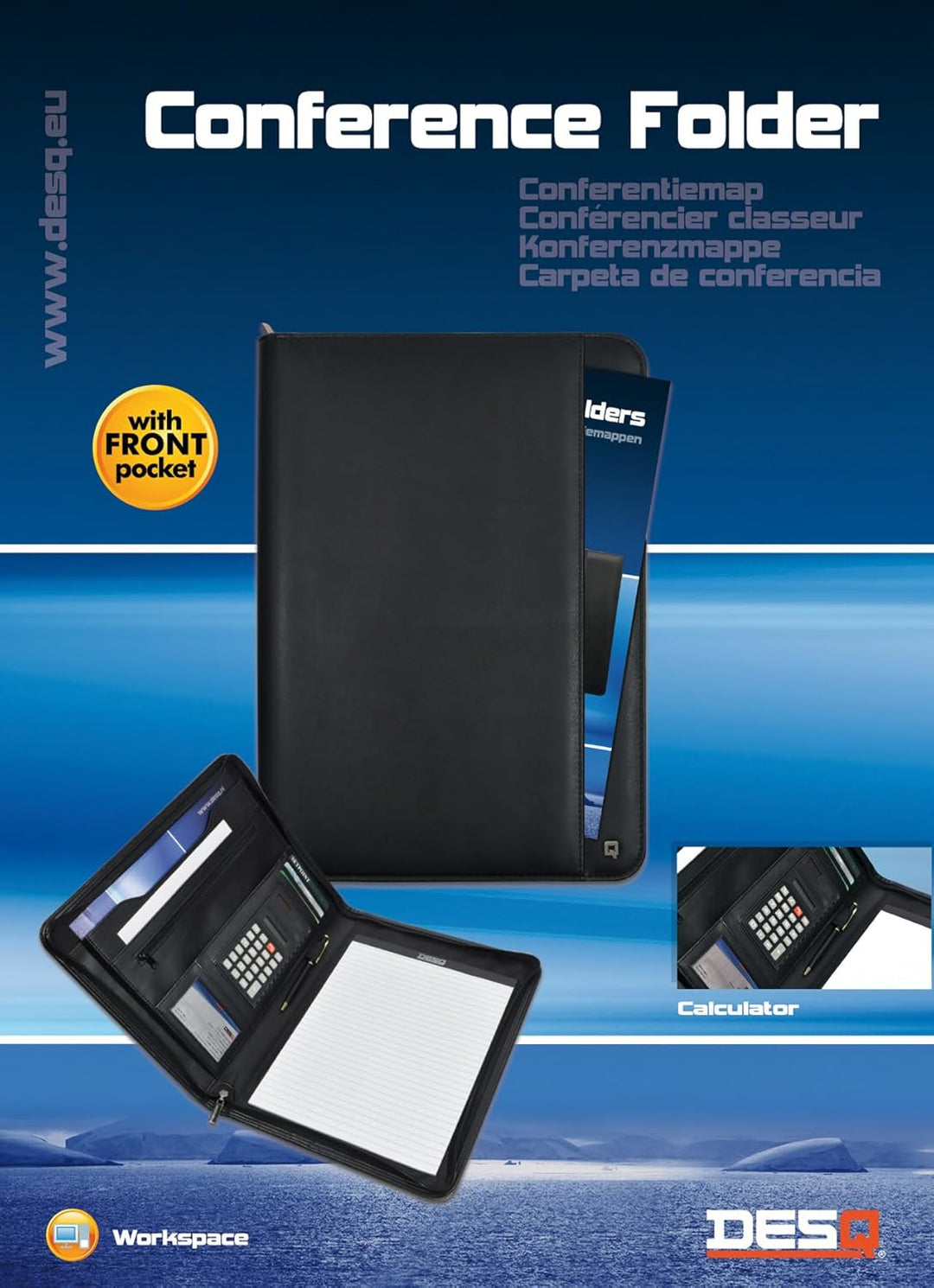 DESQ® 3685 A4-Schreibmappe mit Taschenrecher | Umlaufender Reissverschluss | Dutch Design Taschenrec