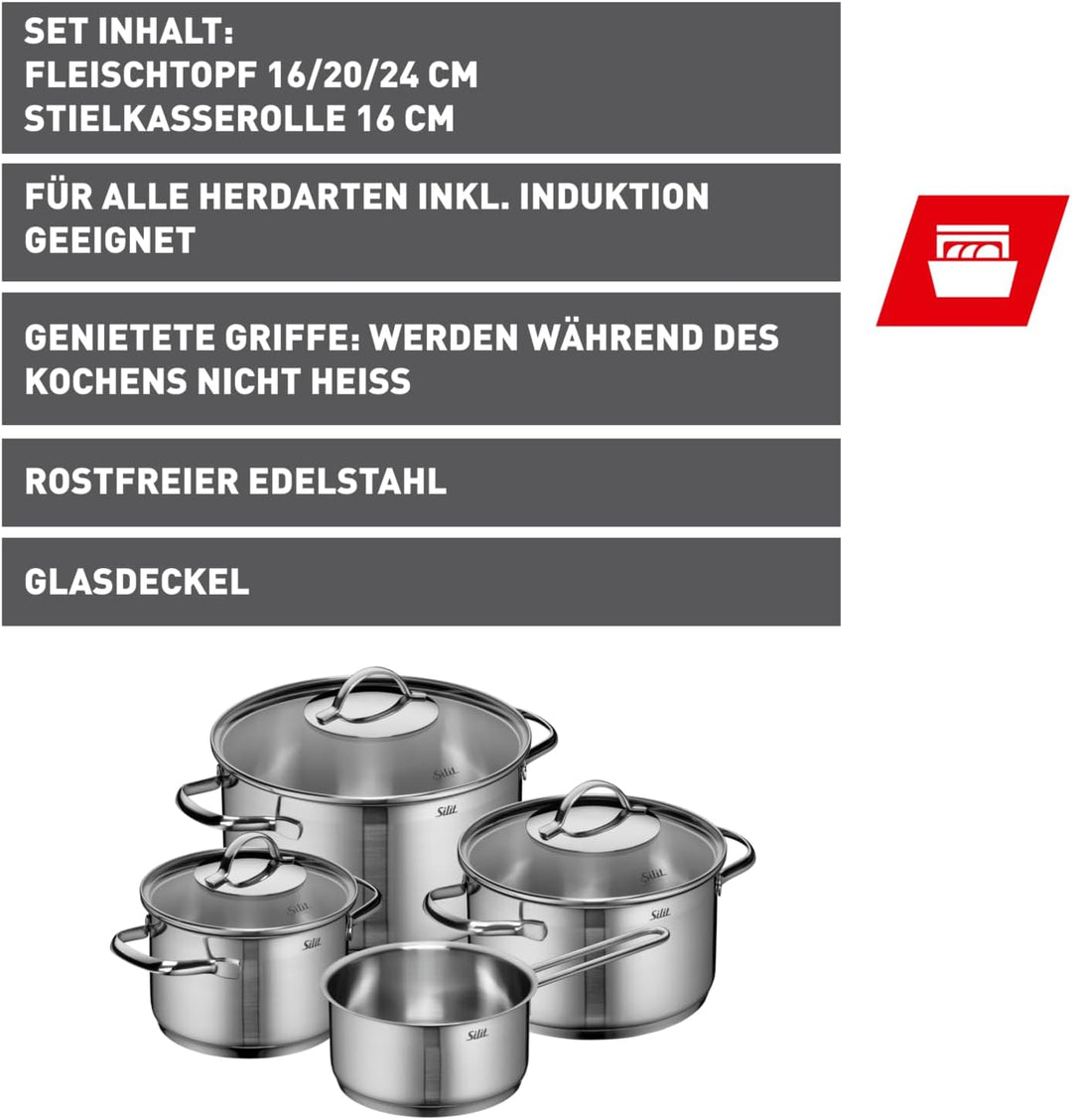 Silit Achat Topfset Induktion 4-teilig, Kochtopf Set mit Glasdeckel, Edelstahl teilmattiert, Indukti