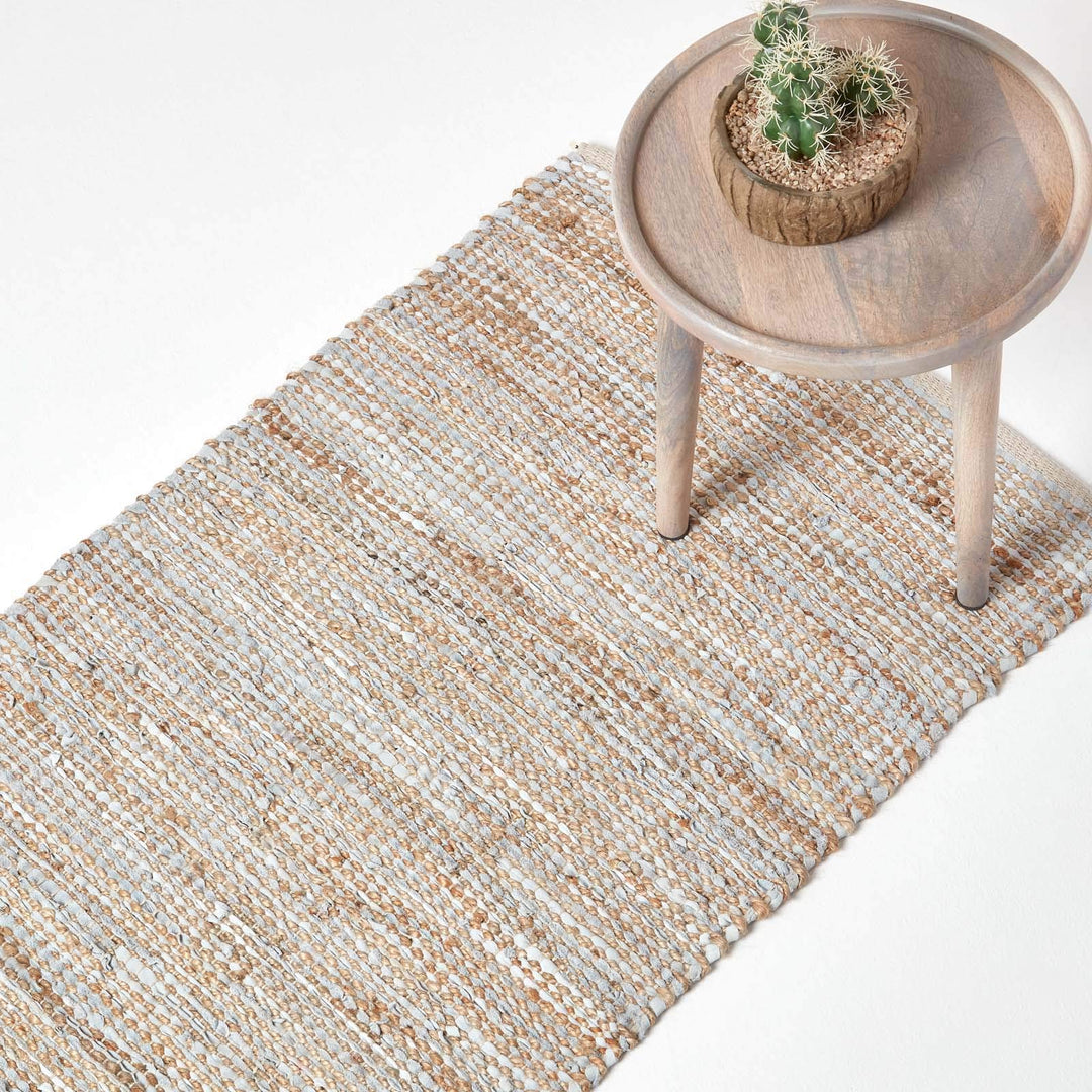 Homescapes Teppichläufer Madras Natur 66x200 cm – handgewebter Teppich aus Hanf & Recycling-Leder, F