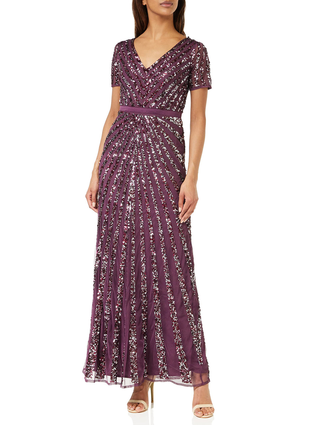 Maya Deluxe Damen Pailletten Maxi Abendkleid Elegant für Hochzeit V-Ausschnitt A-Linien-Schnitt Brau