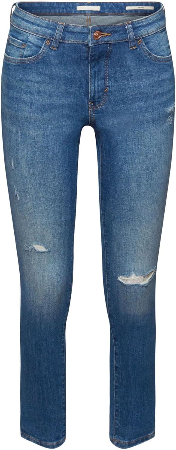 edc by Esprit Verkürzte, schmal geschnittene Jeans in Used-Optik 24W / 30L 902/Blue Medium Wash, 24W