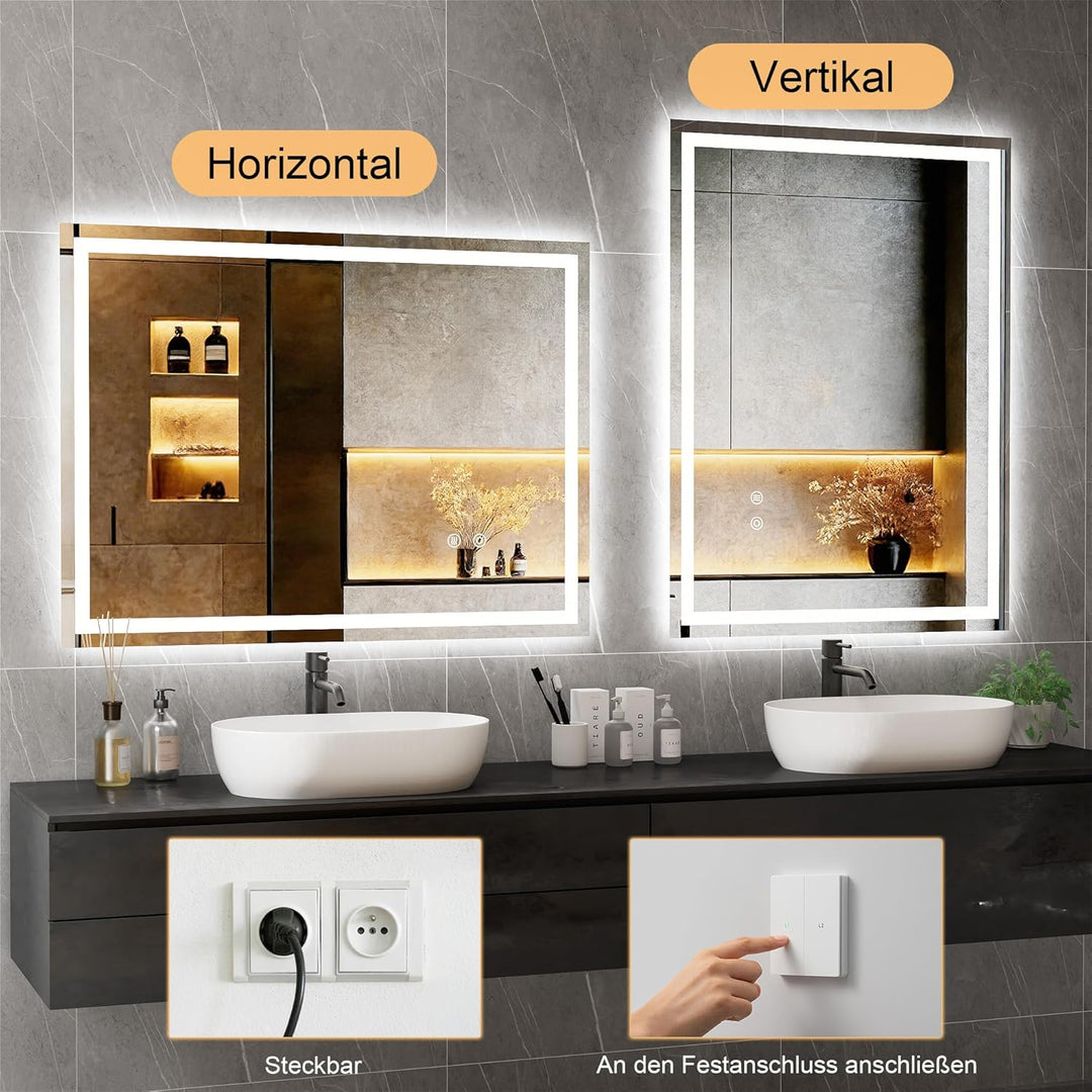 Badspiegel mit Beleuchtung, Badezimmerspiegel 80 x 60 cm, LED Spiegel Bad, mit 3 Lichtfarben, Dimmba