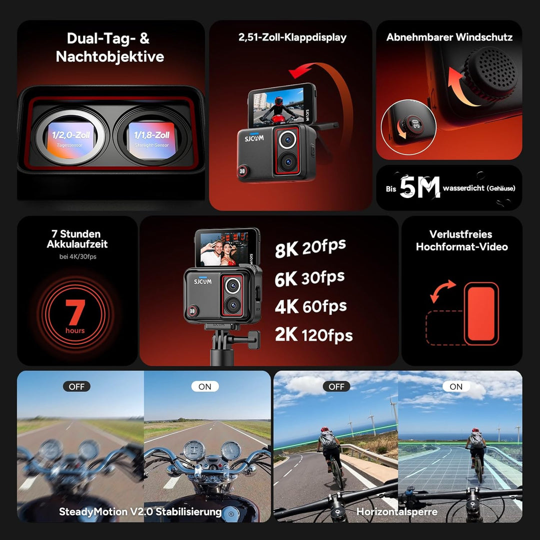 SJCAM SJ30 8K/20FPS,4K/60FPS Action Cam mit Nachtsicht Dual-Objektiv,7H Akku-Griff,2,51" Flip-Touchs