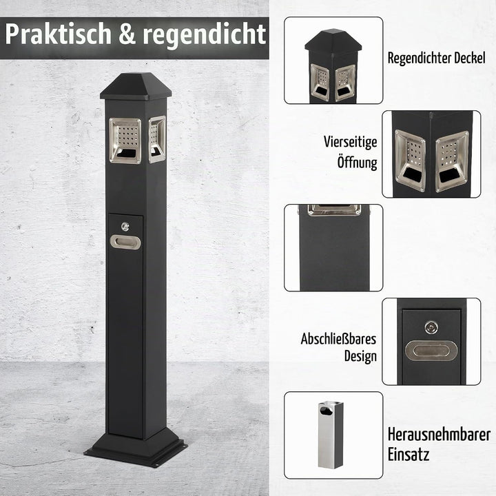 1,2 m freistehender Papierkorb mit 4 Körben, wasserdicht Mülleimer Büro aus Edelstahl mit Schlüssel,