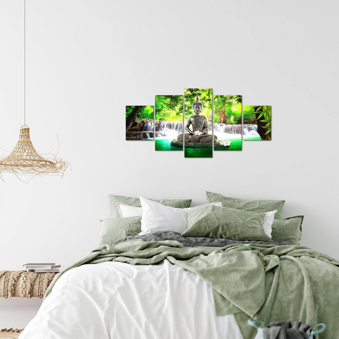 Runa Art Wandbilder Buddha Wasserfall 5 Teilig Bild auf Vlies Leinwand Deko Wohnzimmer Schlafzimmer