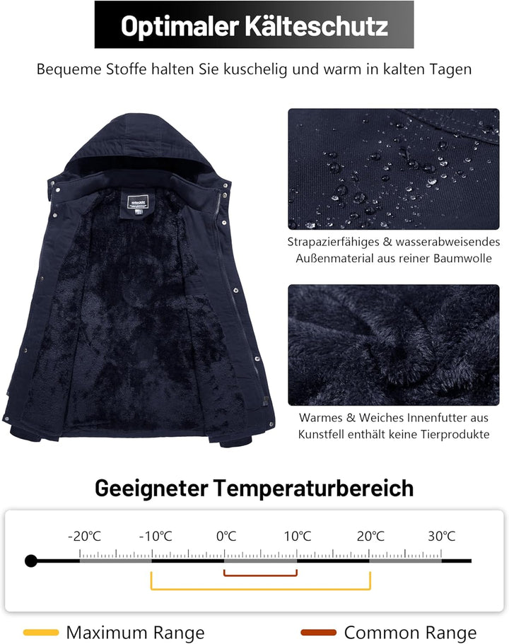 KEFITEVD Winterparka Herren Fleece Gefüttert Winterjacke mit Viele Taschen Kapuze Warm Winter Mantel