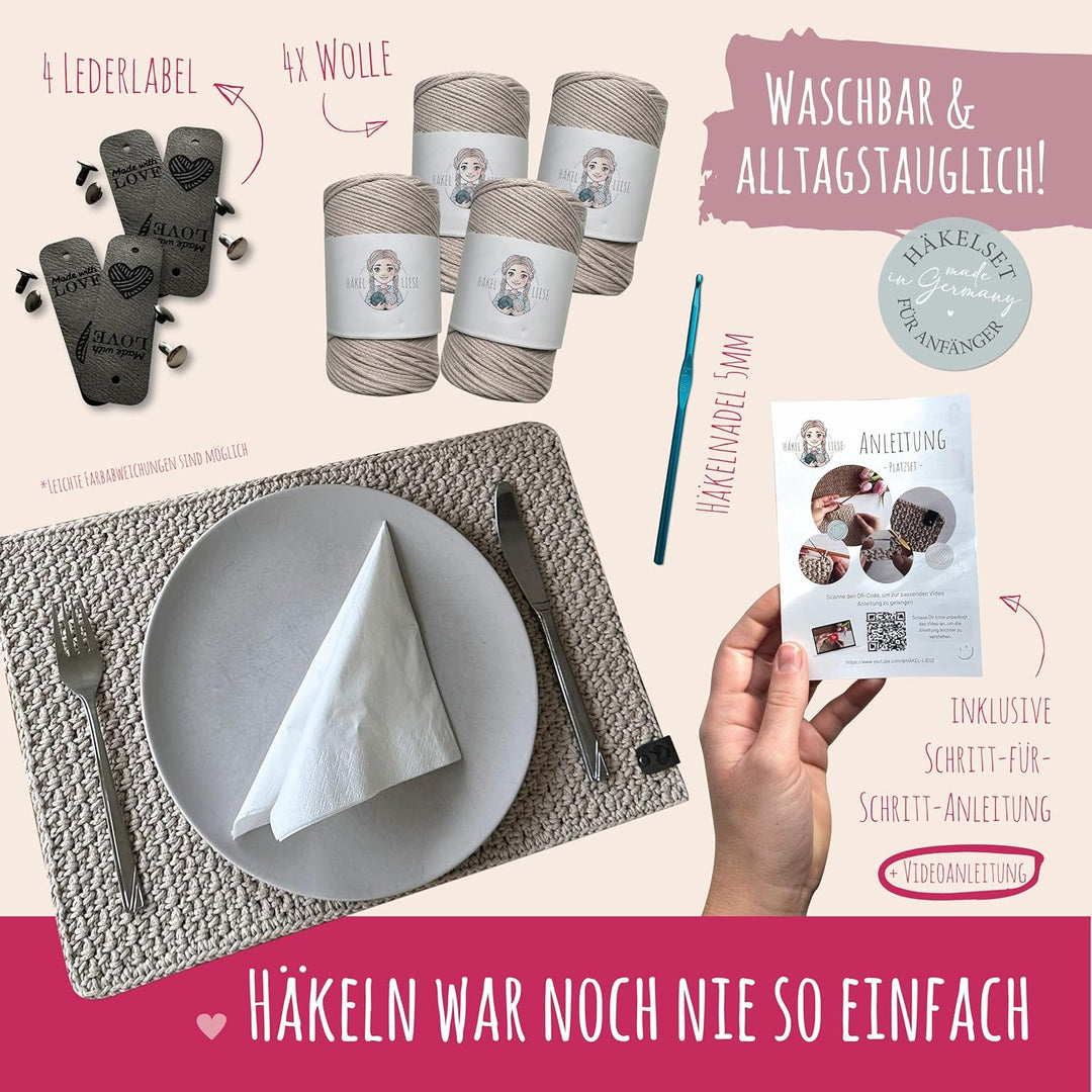 Häkelset für Anfänger - Platzsets häkeln lernen Häkelset Erwachsene | HÄKEL LIESE Häkelset für Anfän