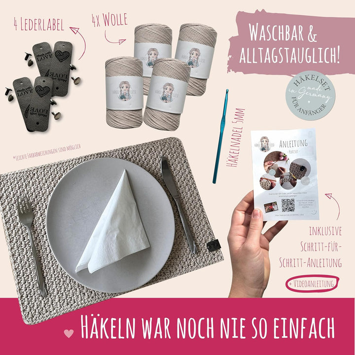 Häkelset für Anfänger - Platzsets häkeln lernen Häkelset Erwachsene | HÄKEL LIESE Häkelset für Anfän