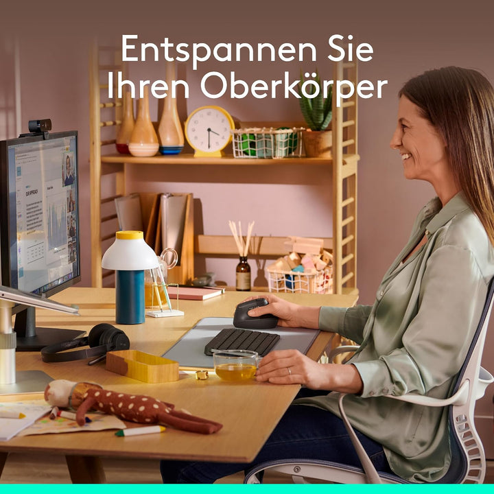 Logitech Lift Vertikale Ergonomische Maus, Kabellos, Bluetooth oder Logi Bolt USB-Empfänger, Leise K