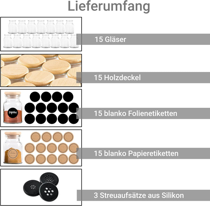 Gewürzgläser Set mit 15x VOLLHOLZ Deckel (ohne Leim) und 15x 150ml Gewürzbehälter (dickes Glas) Gewü