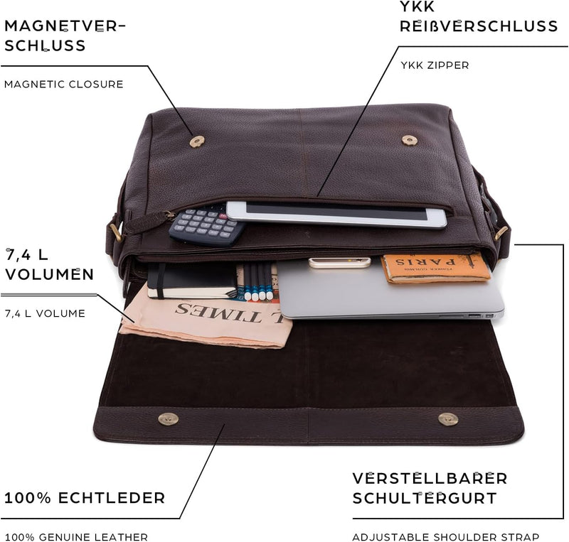 LEABAGS Leder Umhängetasche Herren & Damen I Messenger Bag mit Schultergurt I Echtleder Laptoptasche