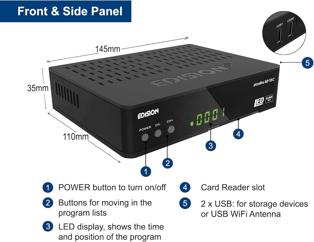 Edision PICCOLLINO S2+T2/C Combo Receiver H.265/HEVC (DVB-S2, DVB-T2, DVB-C) Full HD USB schwarz Sin