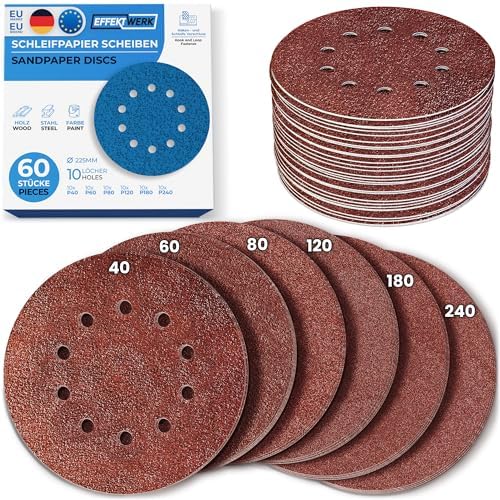 Effektwerk Schleifscheiben (60er-Pack, 10 Löcher), 225 mm Schleifpapier für Fein- und Grobschliff, v