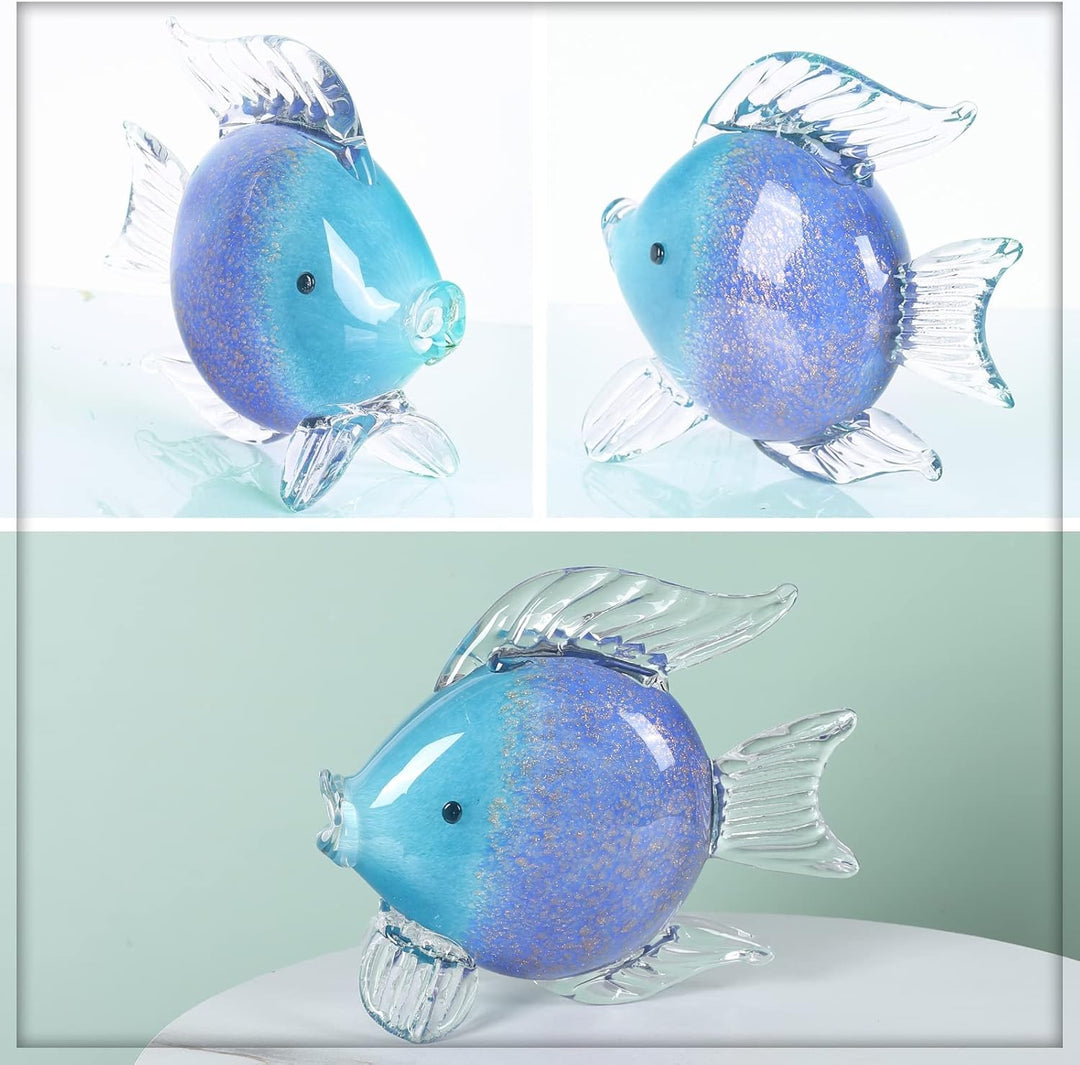 oliruim Blaue Glas-Fischkunst-Dekoration, mundgeblasene Glasfisch-Figur, Kunst-Briefbeschwerer-Kolle