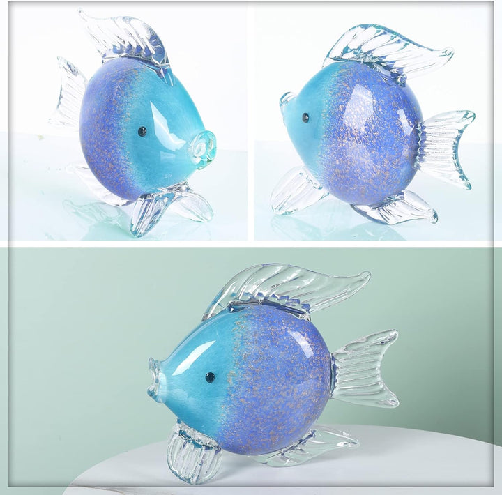 oliruim Blaue Glas-Fischkunst-Dekoration, mundgeblasene Glasfisch-Figur, Kunst-Briefbeschwerer-Kolle