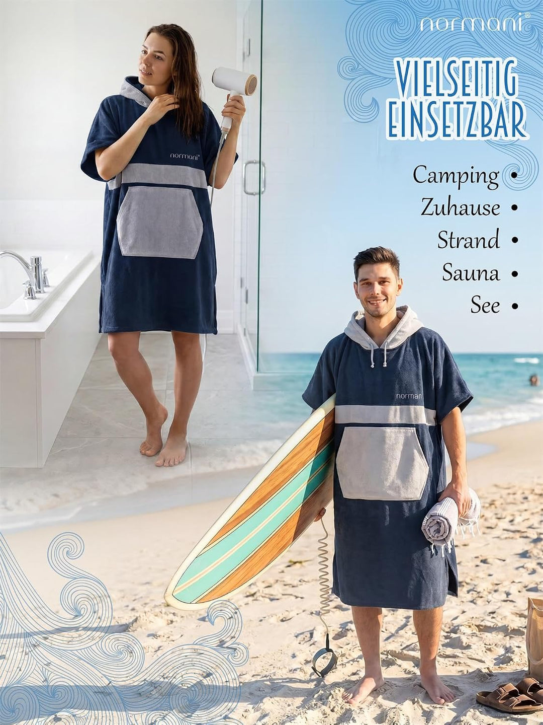 normani Baumwoll Surfer Poncho - Strandponcho - Handtuch-Poncho - Unisex Strand Umziehhilfe - geschl