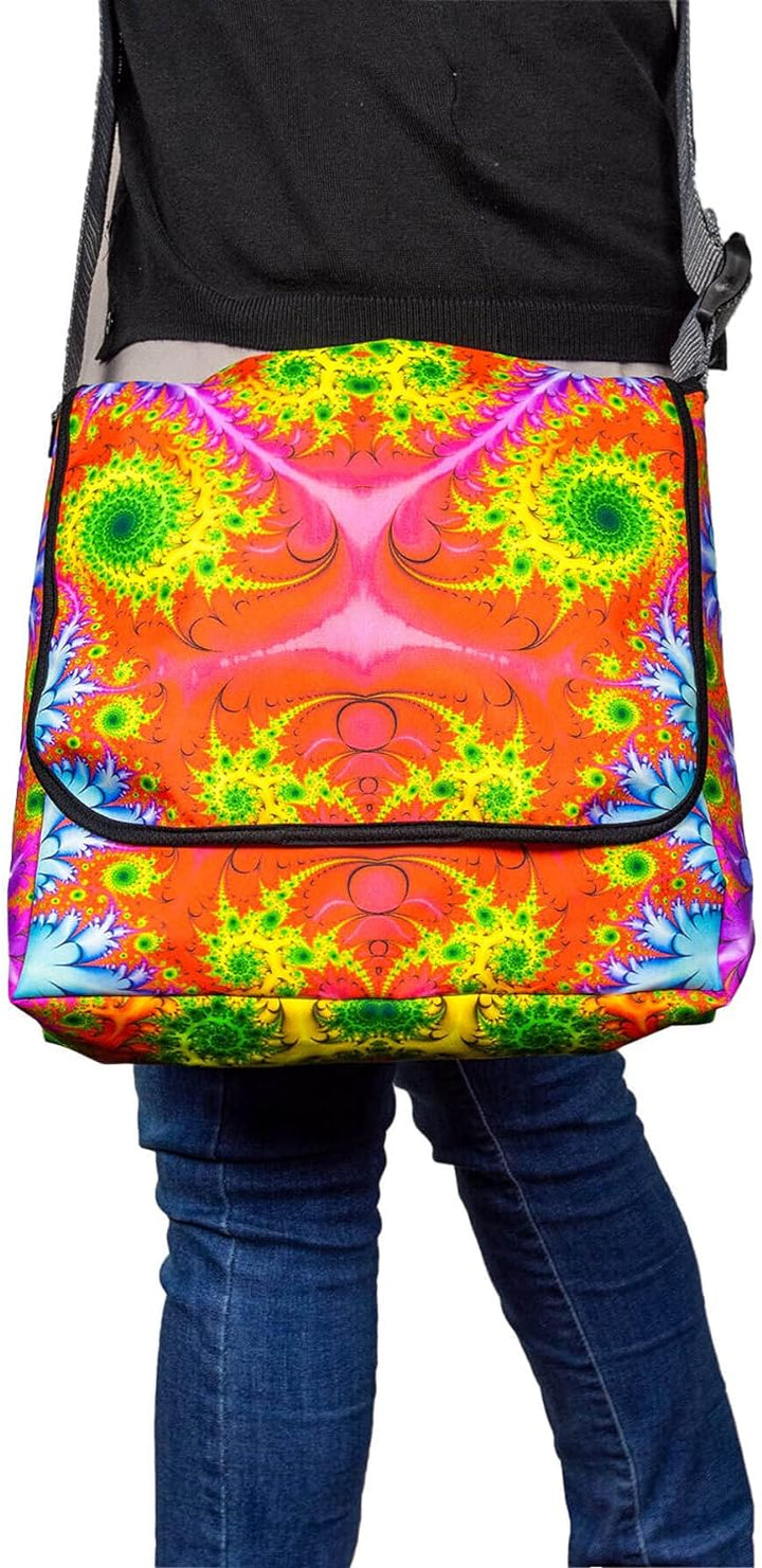 PSYWORK Schwarzlicht Umhänge Tragetasche Neon Fractal Wonderland Red Neon UV-aktiv wasserabweisend