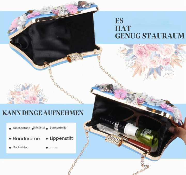 Fecialy Blumen-Clutch-Abendtaschen für Damen mit bunten Blumen-Metall-Strasssteinen Abend-Clutch-Gel