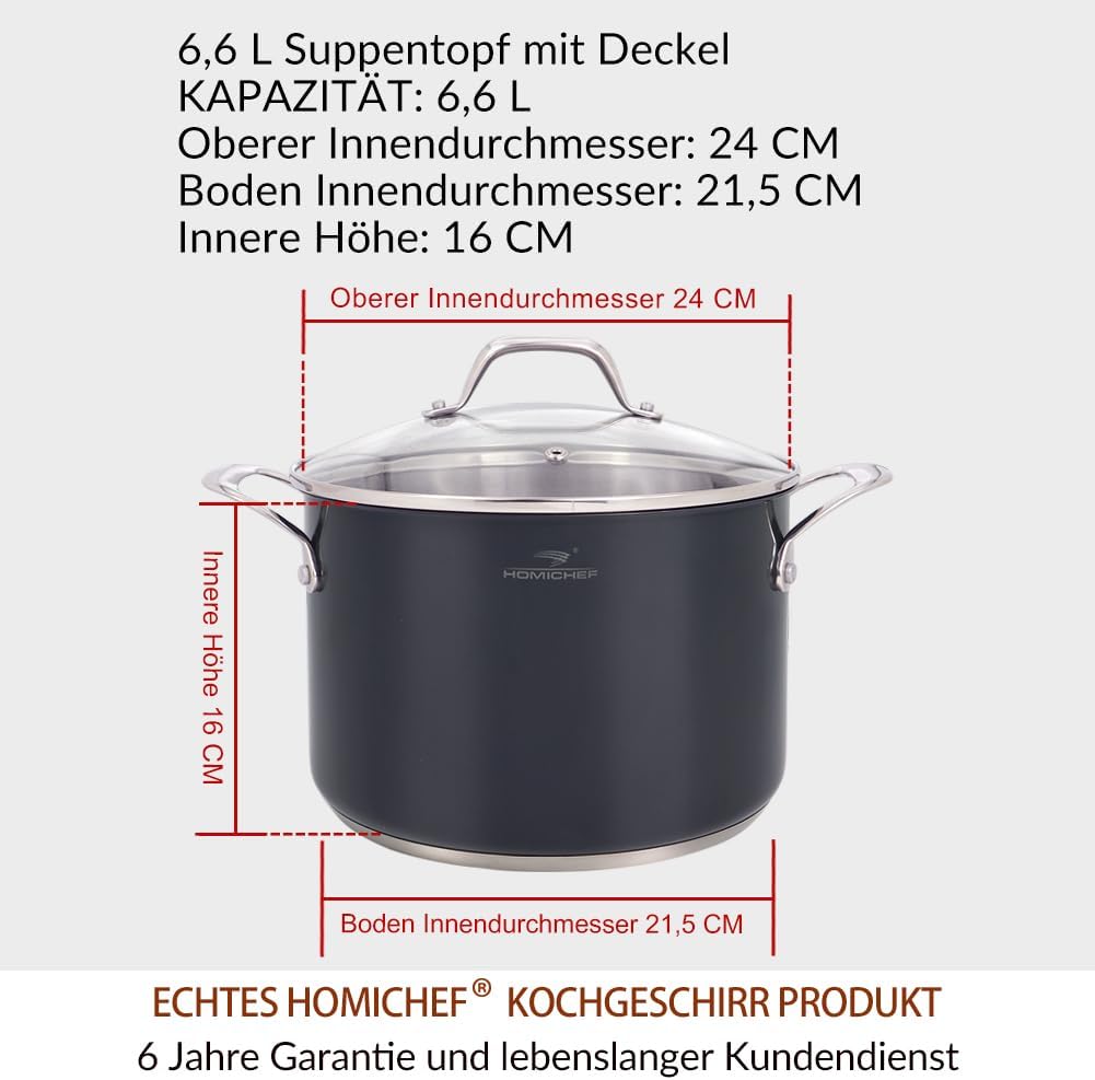 HOMICHEF Marinegrau, nickelfreier Suppentopf aus Edelstahl, 6,6 L, mit Glasdeckel (ungiftige Antihaf