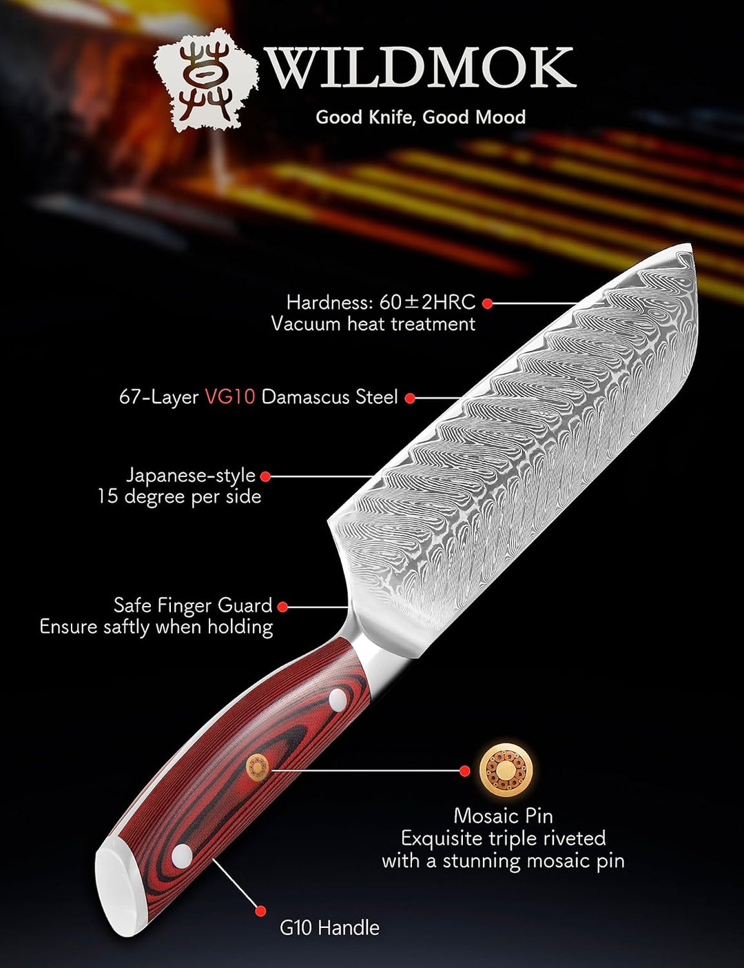WILDMOK Damast SantokuMesser, 17.8 cm scharfes professionelles Fleisch Gemüsemesser, Japanisches Mul