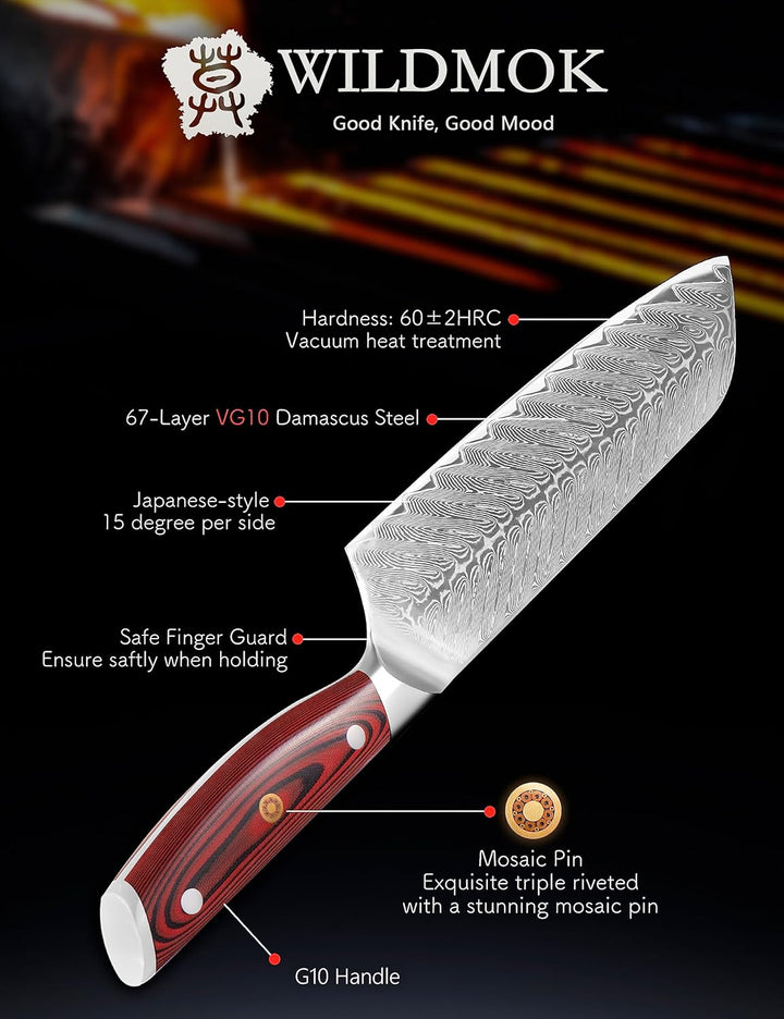 WILDMOK Damast SantokuMesser, 17.8 cm scharfes professionelles Fleisch Gemüsemesser, Japanisches Mul