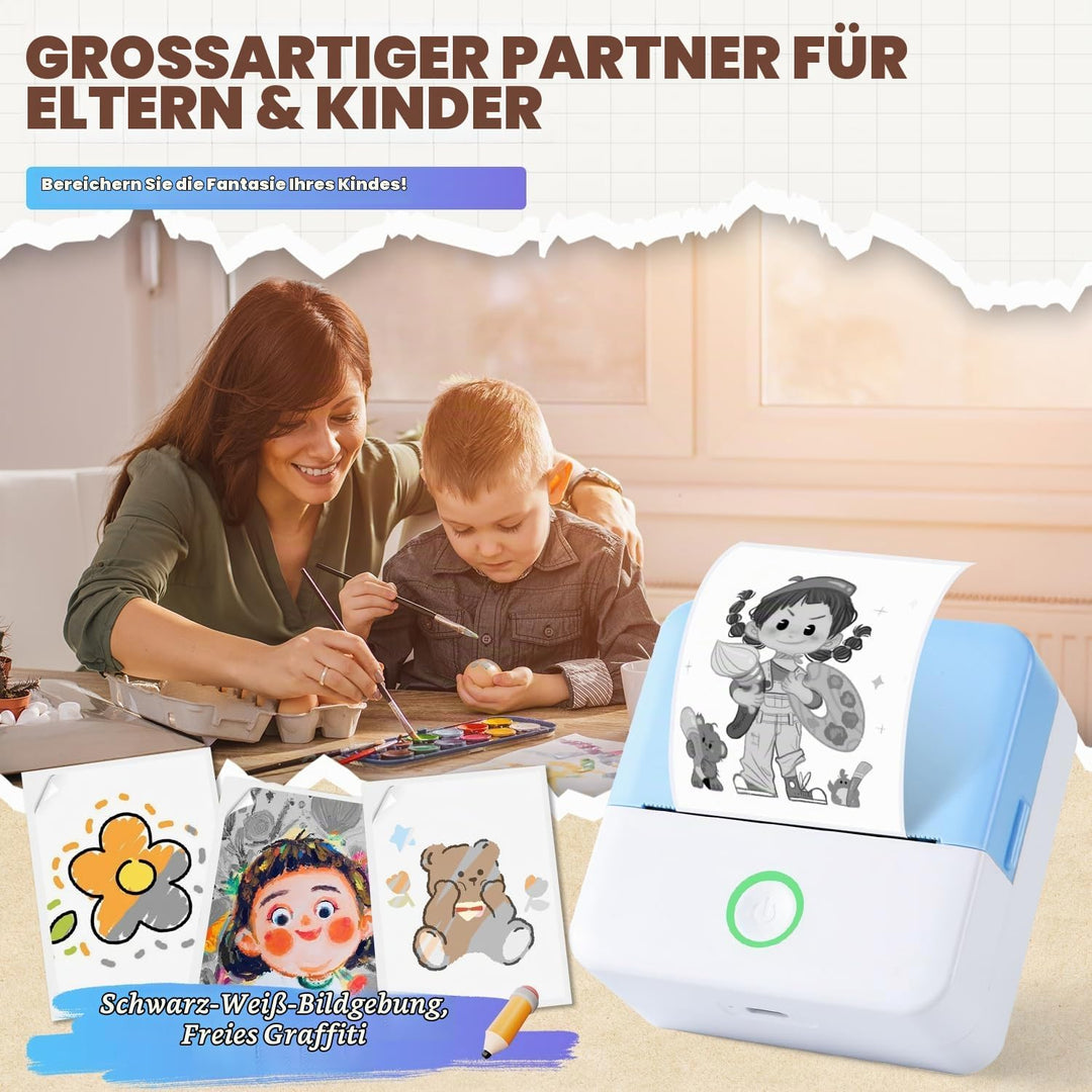 PRAOAHEI Mini Drucker, Tragbarer Thermodrucker mit 10 Rollen Druckerpapier | Bluetooth Etikettendruc