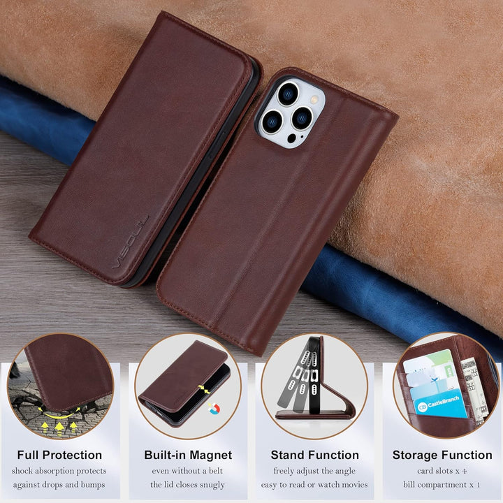 VISOUL Hülle für iPhone 14 Pro Max Handyhülle [Echtleder] [Schützt ] [Kartenfach] [Magnet] [Standfun