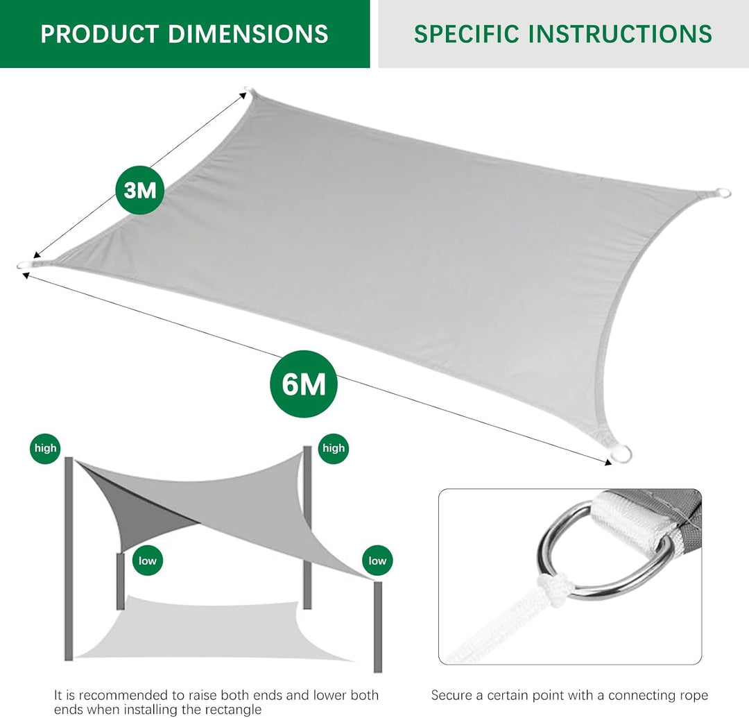 Sonnensegel, Rechteck 3×6m, 420D Oxford Stoff, wasserdicht, UV-Schutz | senkt die Temperatur, robust