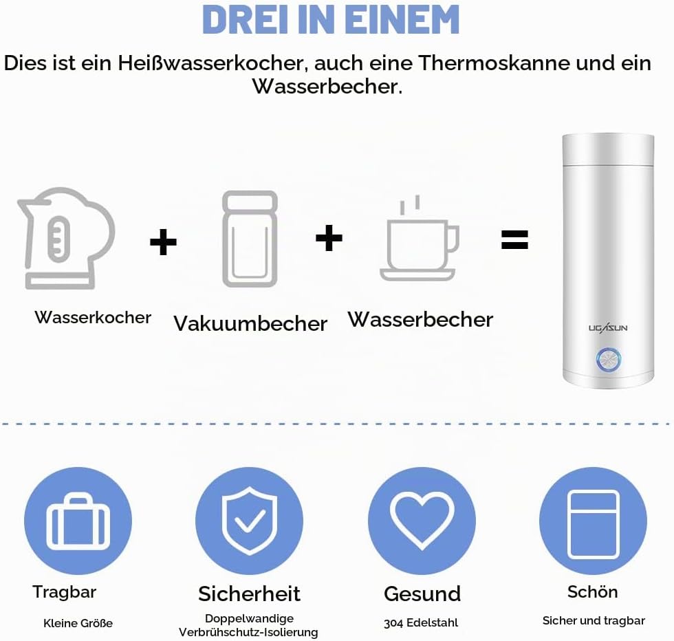 Aoreun Kleiner Tragbarer Wasserkocher, 400ml Tragbarer Elektrischer Wasserkocher, Mini Thermoskanne