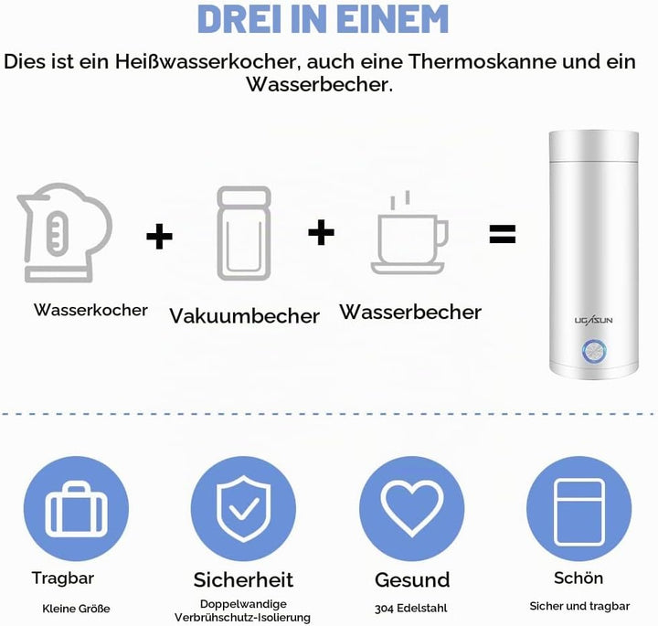 Aoreun Kleiner Tragbarer Wasserkocher, 400ml Tragbarer Elektrischer Wasserkocher, Mini Thermoskanne