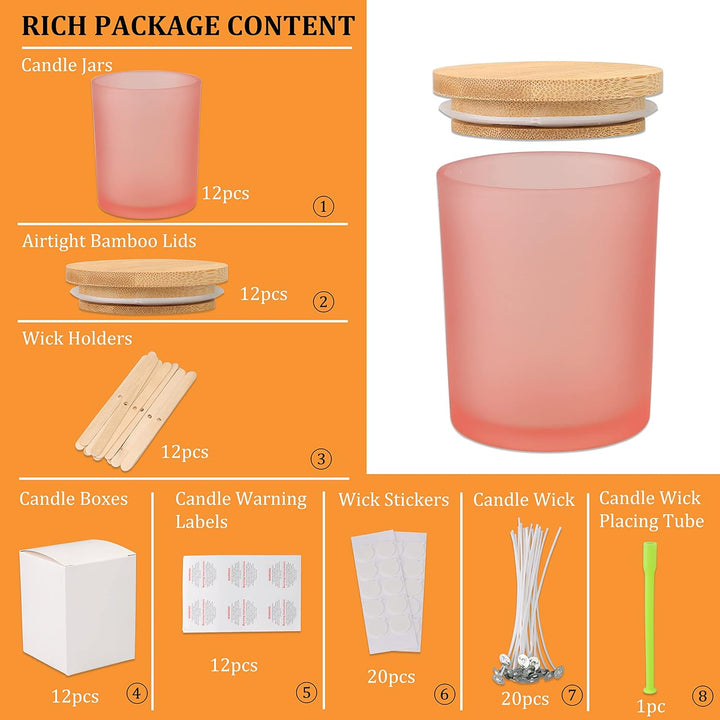 MILIVIXAY Mattierte rosa Kerzengläser aus Glas mit Deckeln und Kerzenherstellungs-Sets, leere Kerzen