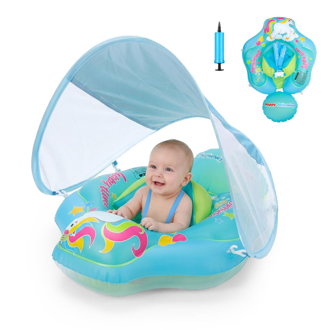 Baby Schwimmring mit Sonnendach, UPF 50+ Aufblasbarer Schwimmring Baby mit Dach, UV-Schutz Sonnenver