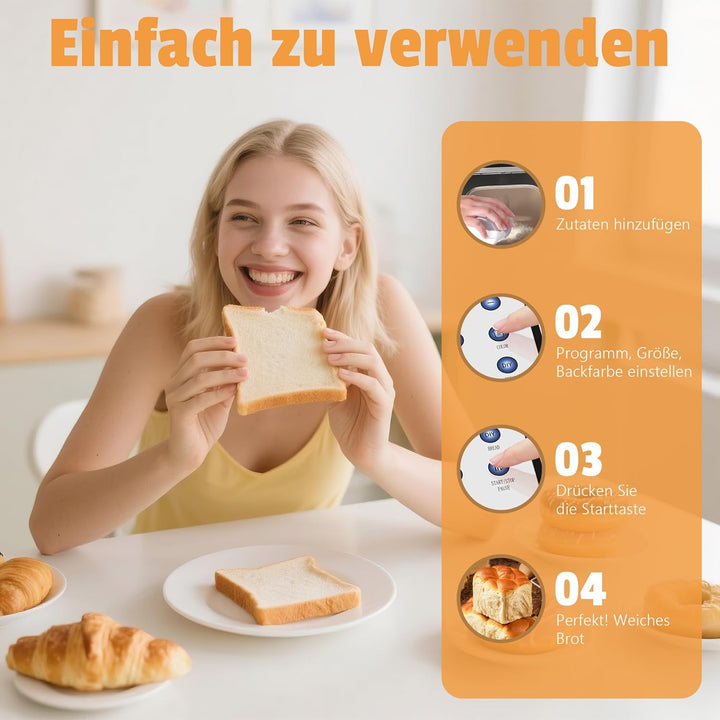 Karinear Brotbackmaschine, 20 Programmfunktion Brotbackautomat mit Handschuhen, 15-Stunden-Zeitvorwa