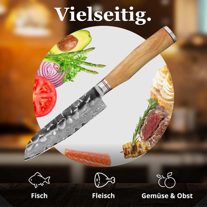 Wakoli Olive HS Serie Damastmesser kleines Santokumesser 13cm Klinge extrem scharf aus 67 Lagen I Da