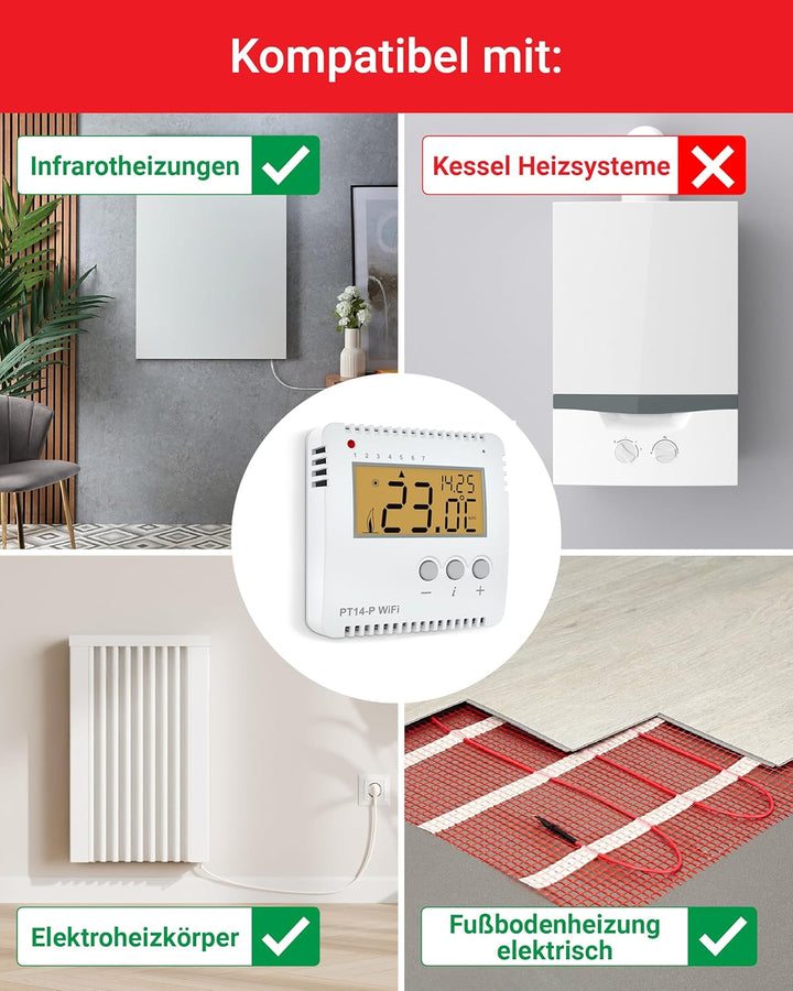 Elektrobock Smart WLAN Thermostat PT14-P-WIFI, Heizungssteuerung per APP, Aufputzmontage, 16 A Weiss