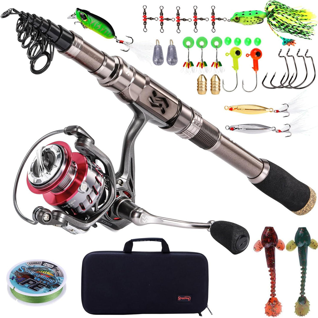 Sougayilang Angelrute und Rolle Combos, Kohlefaser Teleskop Angelrute 12 +1 BB Spinning Reel mit Tra