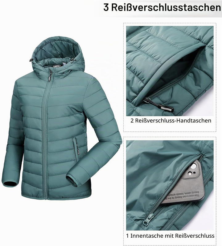 Outdoor Ventures Damen Steppjacke Leichte Packbare Übergangsjacke Warme Winterjacke mit Kapuze für F