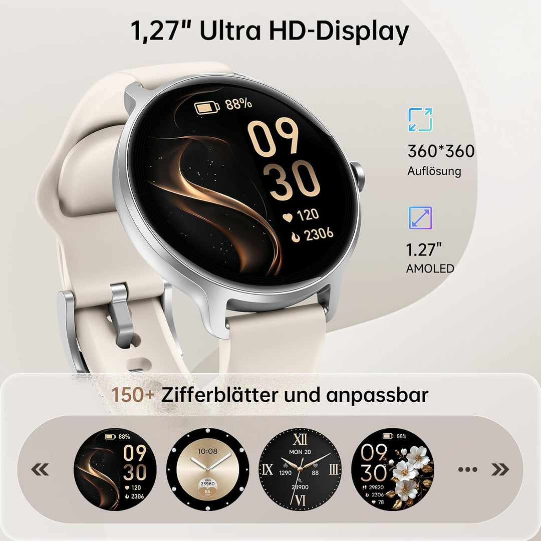 Smartwatch Damen Herren Rund, 1.27" AMOLED Smart Watch mit Telefonfunktion, Fitnessuhr mit Pulsuhr S