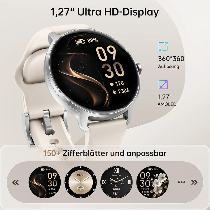 Smartwatch Damen Herren Rund, 1.27" AMOLED Smart Watch mit Telefonfunktion, Fitnessuhr mit Pulsuhr S
