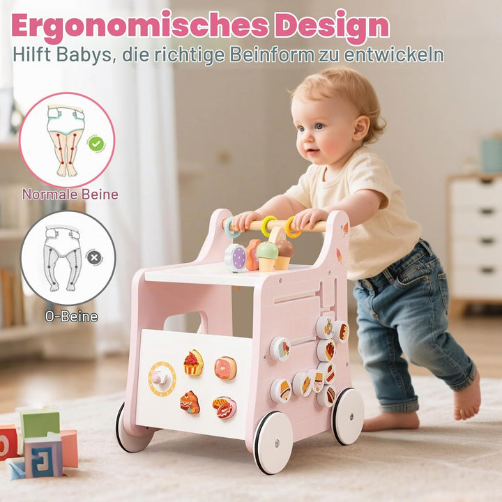 DREAMADE Lauflernwagen Holz, 6-in-1 hölzerne Lauflernhilfe, Baby Walker mit Blöcken &amp; Zubehör, Lernl