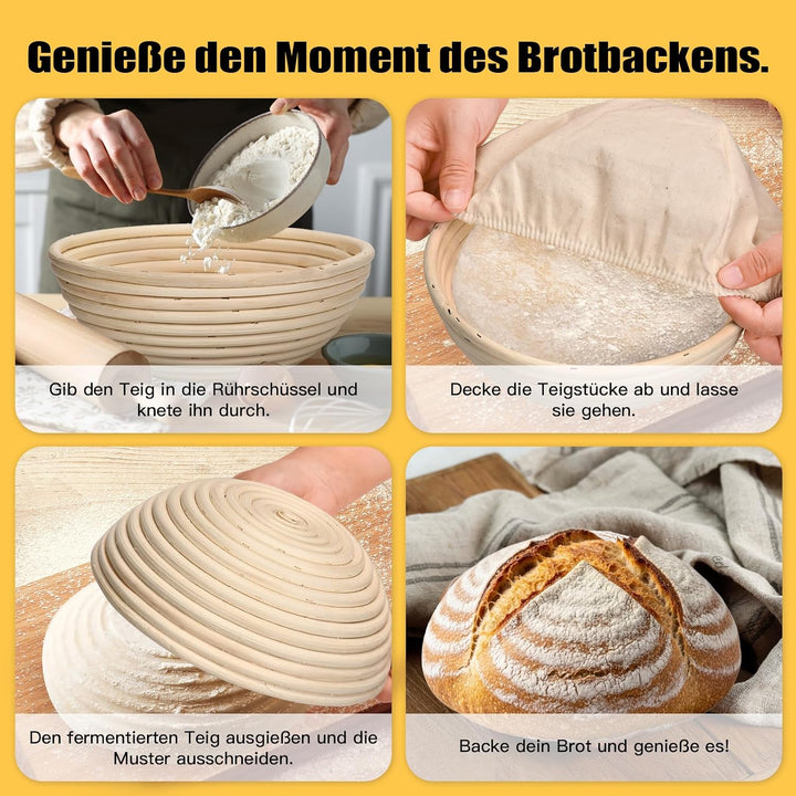 Gärkörbchen Set 3-teilig (23cm) rund, aus hochwertigem Rattan mit Leinen-Einsätzen – Sauerteig Gärko