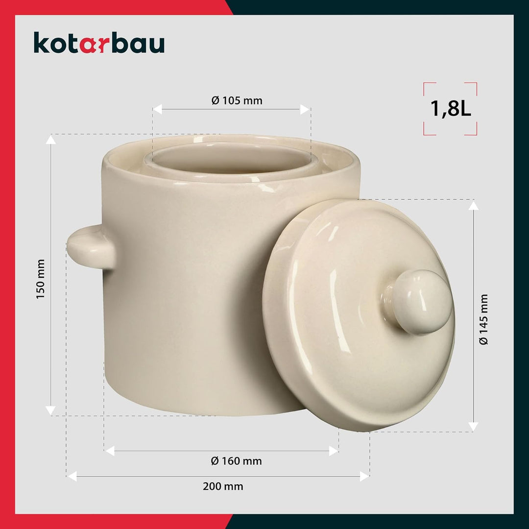 KOTARBAU® Sauerkraut Gärtopf Sauerkrauttopf 1,8L Tontopf mit Deckel Steinguttopf Fermentieren Dauerk