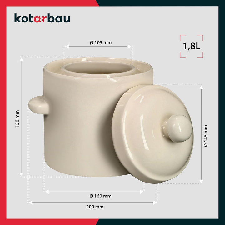 KOTARBAU® Sauerkraut Gärtopf Sauerkrauttopf 1,8L Tontopf mit Deckel Steinguttopf Fermentieren Dauerk