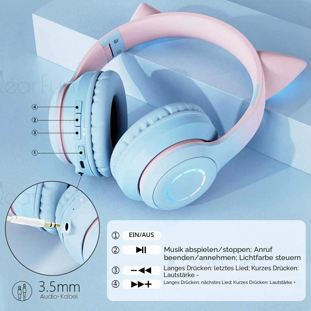 JYPS Kabellose Kinder Kopfhörer mit LED-Licht und Katzenohren für Mädchen, Bluetooth Kopfhörer Kinde