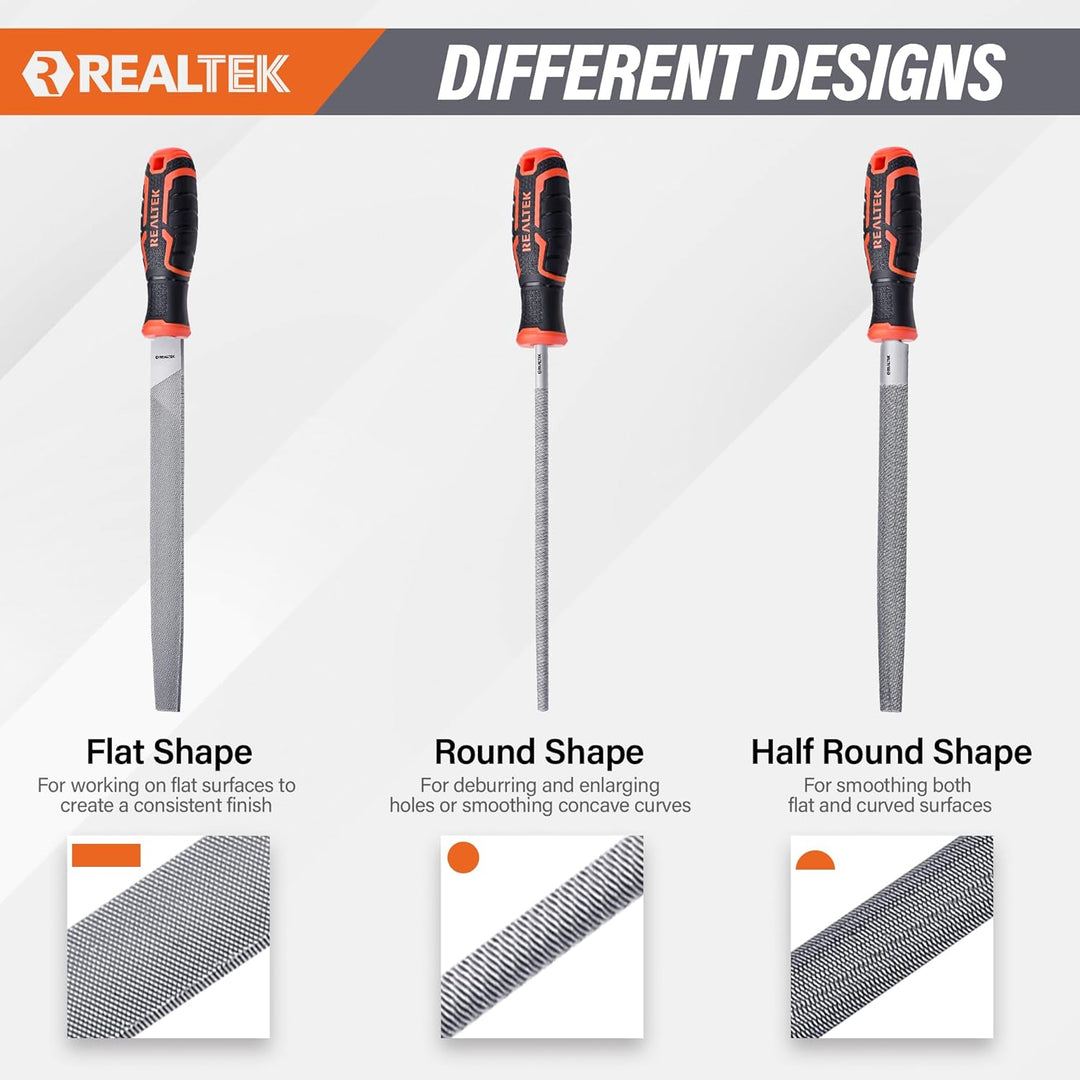 REALTEK Feilenset Metall 3tlg. inkl. Flachstumpfeile, Halbrundfeile, Rundfeile, 200mm, Metallfeile m