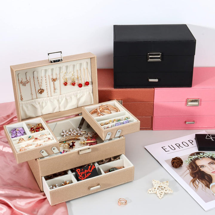 Schmuckkasten, Schmuckkästchen mit Schubladen für Damen Mädchen, PU-Leder Jewelry Box Schmuckbox Sch